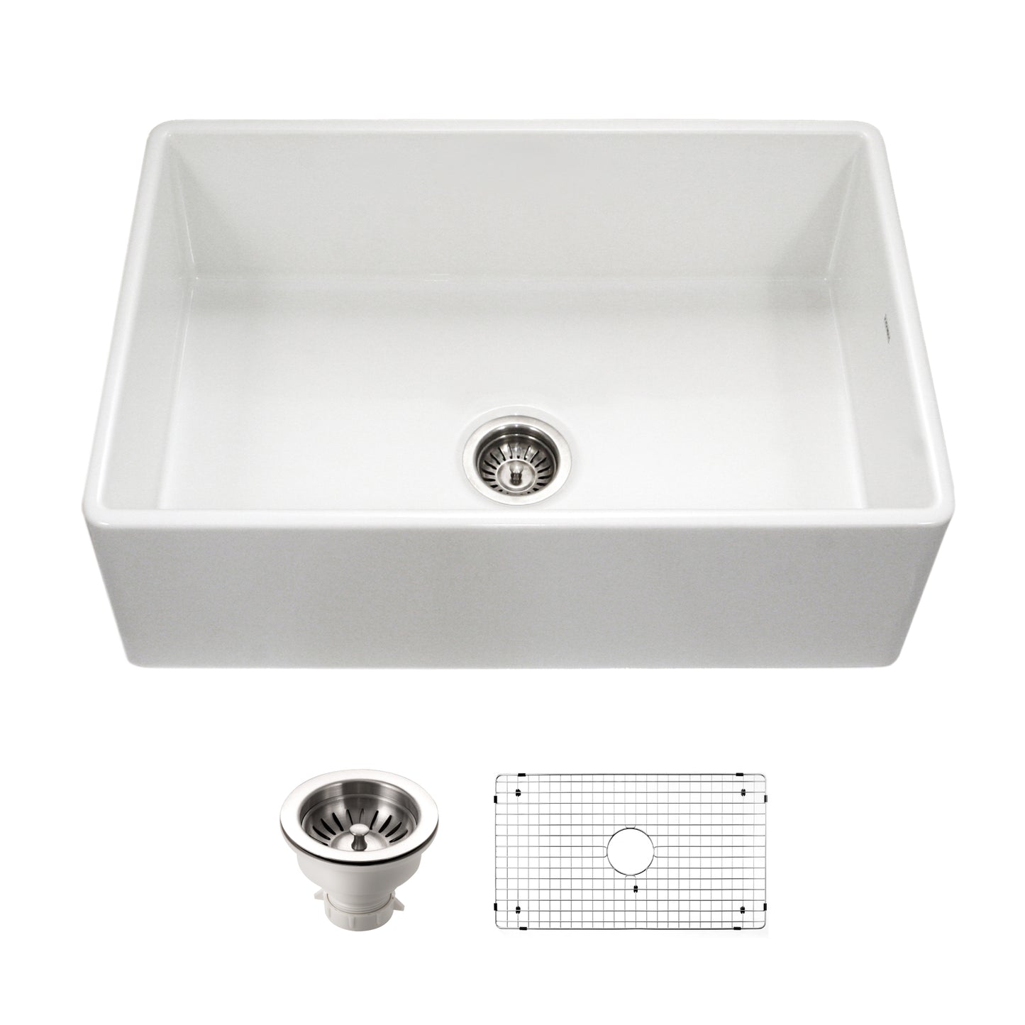 Houzer Platus 33 inch Fireclay Apron Front Farmhouse Kitchen Sink with Strainer & Grid - PTG-4300 W