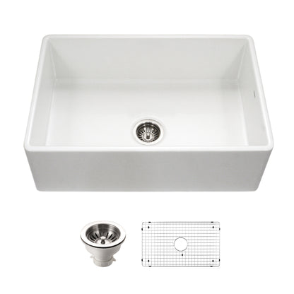 Houzer Platus 33 inch Fireclay Apron Front Farmhouse Kitchen Sink with Strainer & Grid - PTG-4300 W