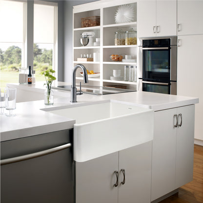 Houzer Platus 33 inch Fireclay Apron Front Farmhouse Kitchen Sink with Strainer & Grid - PTG-4300 W