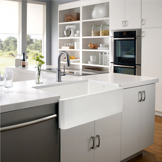 Houzer Platus 33 inch Fireclay Apron Front Farmhouse Kitchen Sink with Strainer & Grid - PTG-4300 W