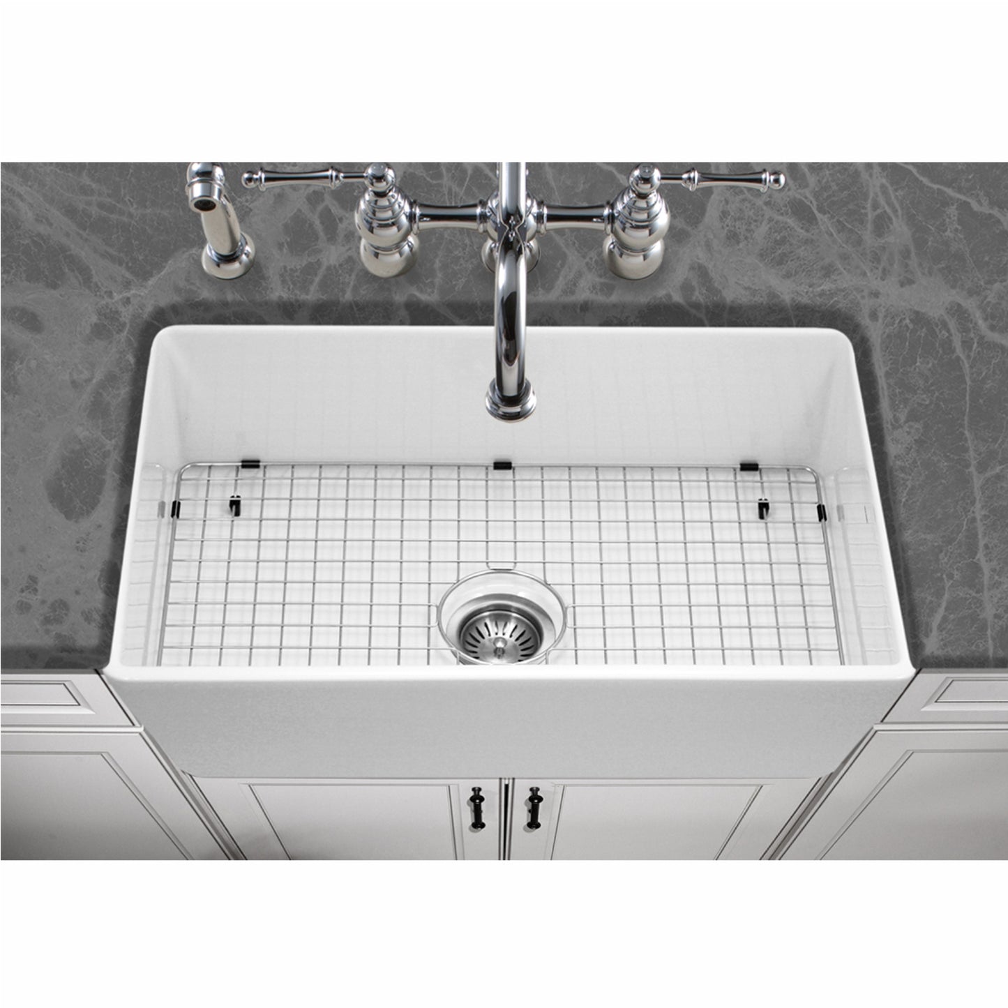 Houzer Platus 33 inch Fireclay Apron Front Farmhouse Kitchen Sink with Strainer & Grid - PTG-4300 W