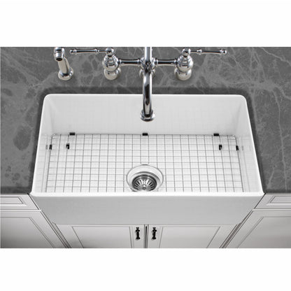 Houzer Platus 33 inch Fireclay Apron Front Farmhouse Kitchen Sink with Strainer & Grid - PTG-4300 W
