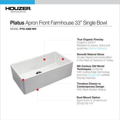 Houzer Platus 33 inch Fireclay Apron Front Farmhouse Kitchen Sink with Strainer & Grid - PTG-4300 W