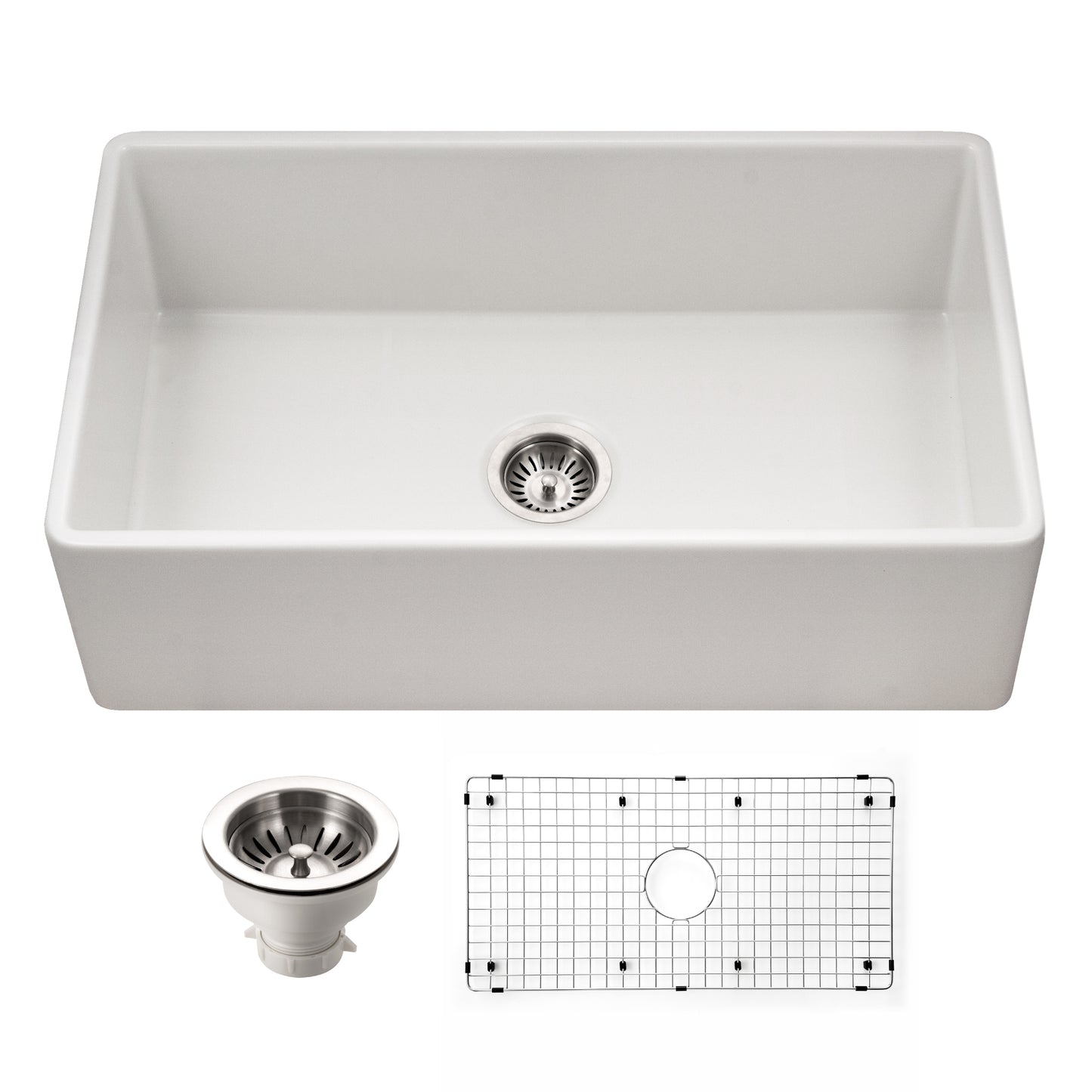 Houzer Platus 30 inch Fireclay Apron Front Farmhouse Single Bowl Kitchen Sink with Strainer & Grid - PTS-4100 WH-C