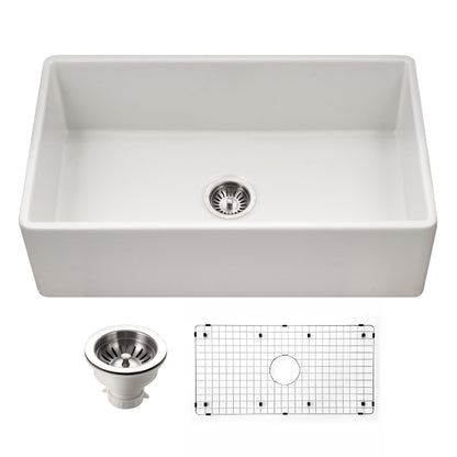 Houzer Platus 30 inch Fireclay Apron Front Farmhouse Single Bowl Kitchen Sink with Strainer & Grid - PTS-4100 WH-C