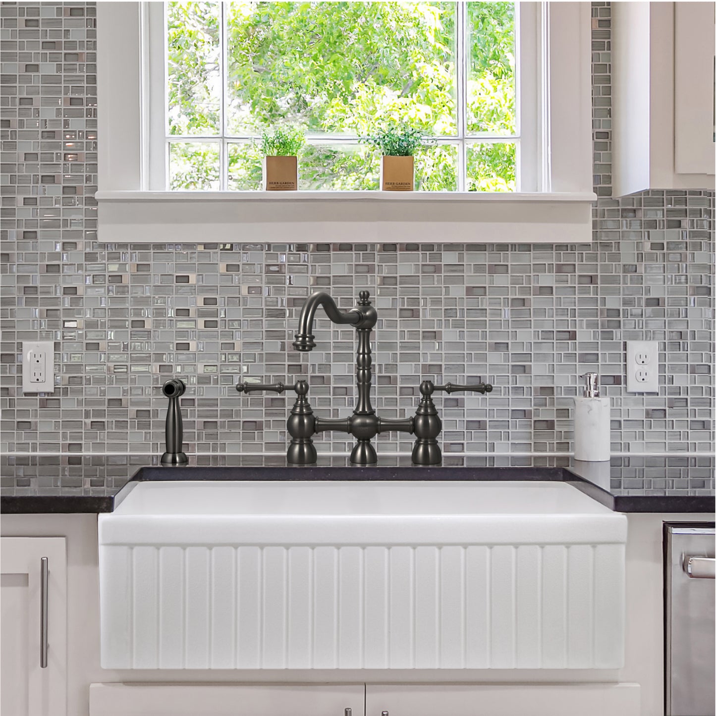 Houzer Platus 33 inch Fireclay Apron Front Farmhouse Single Bowl Kitchen Sink - PTG-4318 with Basket Strainer and Basin Grid Included