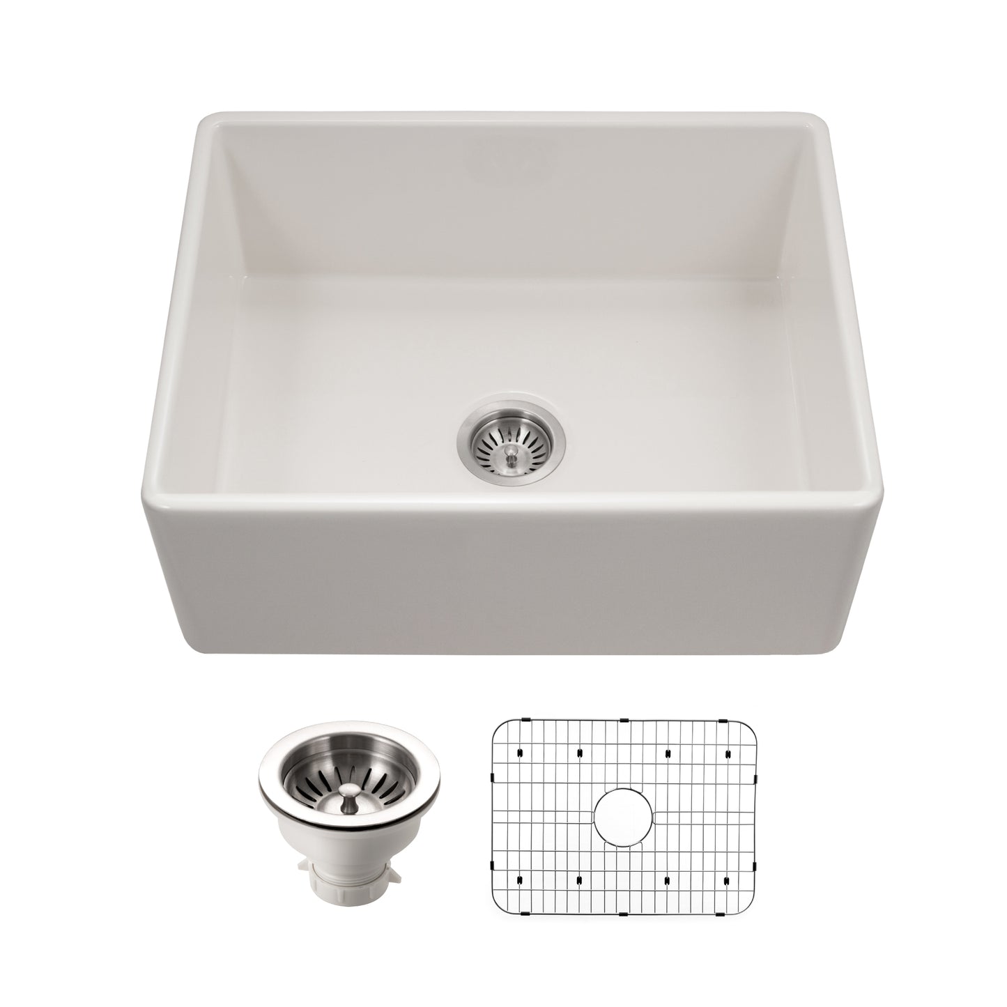 Houzer Platus 26 inch Fireclay Apron Front Farmhouse Single Bowl Kitchen Sink - PTS-2600 WH-C with Basket Strainer and Basin Grid Included
