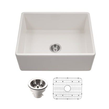 Houzer Platus 26 inch Fireclay Apron Front Farmhouse Single Bowl Kitchen Sink - PTS-2600 WH-C with Basket Strainer and Basin Grid Included