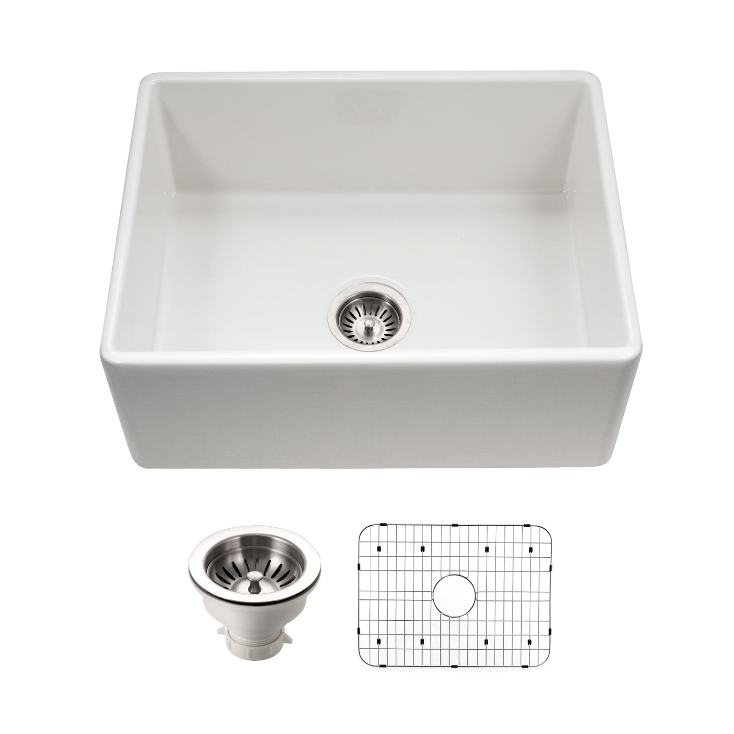 Houzer Platus 26 inch Fireclay Apron Front Farmhouse Single Bowl Kitchen Sink - PTS-2600 WH-C with Basket Strainer and Basin Grid Included