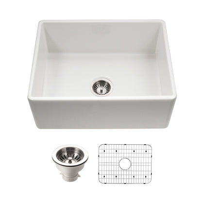 Houzer Platus 26 inch Fireclay Apron Front Farmhouse Single Bowl Kitchen Sink - PTS-2600 WH-C with Basket Strainer and Basin Grid Included