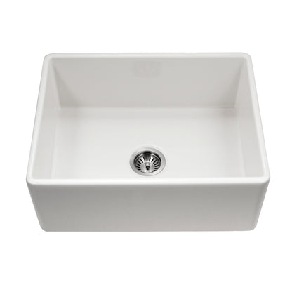Houzer Platus 26 inch Fireclay Apron Front Farmhouse Single Bowl Kitchen Sink - PTS-2600 WH-C with Basket Strainer and Basin Grid Included