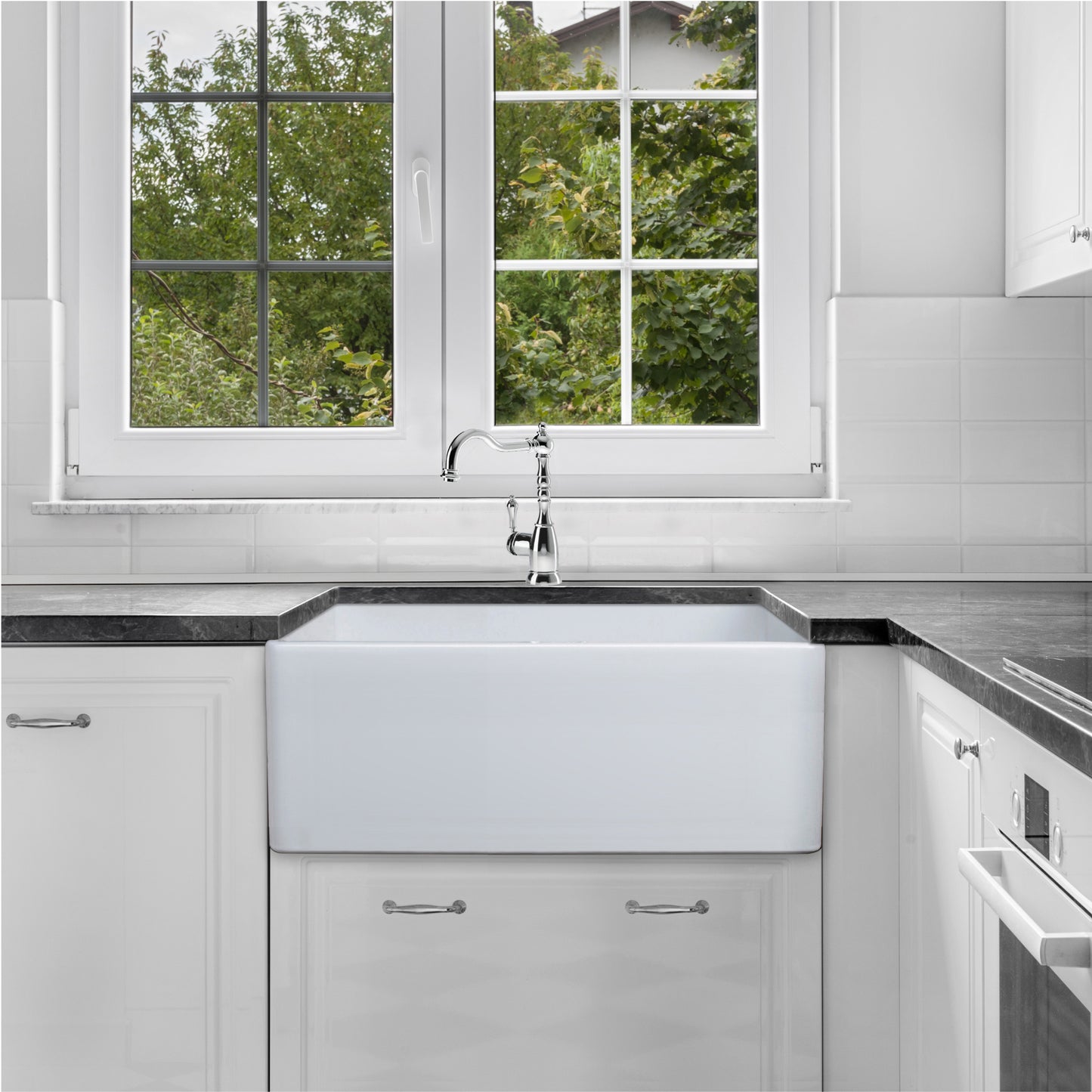 Houzer Platus 26 inch Fireclay Apron Front Farmhouse Single Bowl Kitchen Sink - PTS-2600 WH-C with Basket Strainer and Basin Grid Included