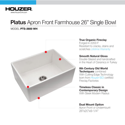 Houzer Platus 26 inch Fireclay Apron Front Farmhouse Single Bowl Kitchen Sink - PTS-2600 WH-C with Basket Strainer and Basin Grid Included