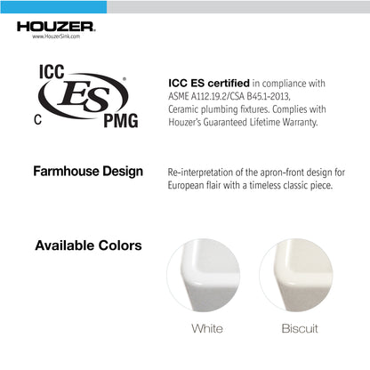 Houzer Platus 26 inch Fireclay Apron Front Farmhouse Single Bowl Kitchen Sink - PTS-2600 WH-C with Basket Strainer and Basin Grid Included