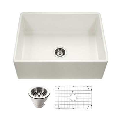Houzer Platus 30 inch Fireclay Apron Front Farmhouse Single Bowl Kitchen Sink with Strainer & Grid - PTS-4100 WH-C