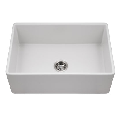Houzer Platus 30 inch Fireclay Apron Front Farmhouse Single Bowl Kitchen Sink with Strainer & Grid - PTS-4100 WH-C