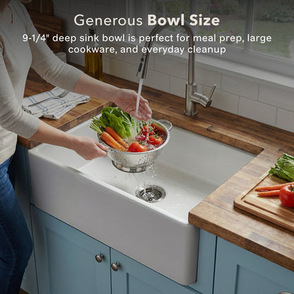 Houzer Platus 30 inch Fireclay Apron Front Farmhouse Single Bowl Kitchen Sink with Strainer & Grid - PTS-4100 WH-C