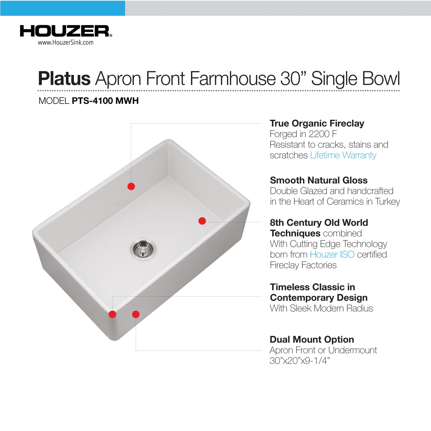 Houzer Platus 30 inch Fireclay Apron Front Farmhouse Single Bowl Kitchen Sink with Strainer & Grid - PTS-4100 WH-C