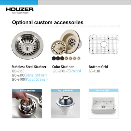 Houzer Platus 30 inch Fireclay Apron Front Farmhouse Single Bowl Kitchen Sink - PTS-4118 with Basket Strainer and Basin Grid Included
