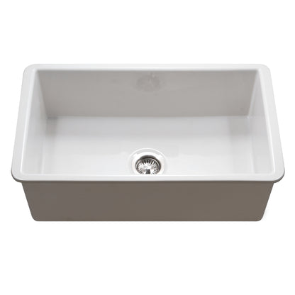 Houzer Platus 32 inch White Fireclay Undermount Single Bowl Kitchen Sink - PTU-3600 with Basket Strainer and Basin Grid Included