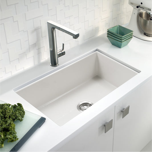 Houzer Platus 32 inch White Fireclay Undermount Single Bowl Kitchen Sink - PTU-3600 with Basket Strainer and Basin Grid Included