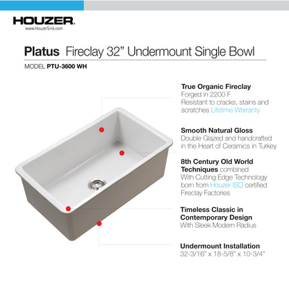 Houzer Platus 32 inch White Fireclay Undermount Single Bowl Kitchen Sink - PTU-3600 with Basket Strainer and Basin Grid Included