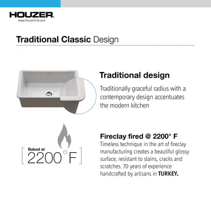Houzer Platus 32 inch White Fireclay Undermount Single Bowl Kitchen Sink - PTU-3600 with Basket Strainer and Basin Grid Included