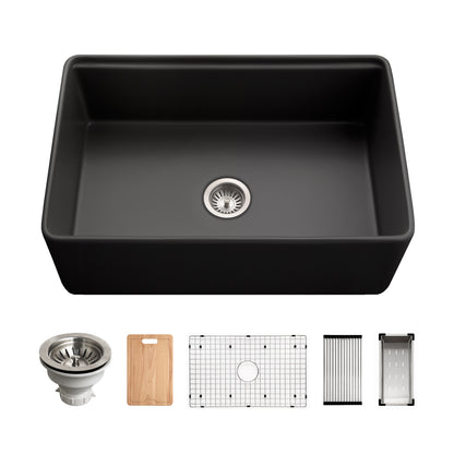 Houzer Aspire 30 inch Fireclay Farmhouse Apron Front Single Bowl Workstation Sink with Accessories - PTW-3020S WH