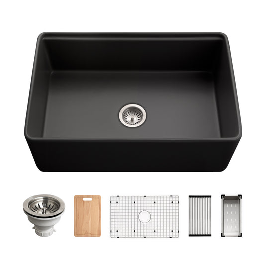 Houzer Aspire 30 inch Fireclay Farmhouse Apron Front Single Bowl Workstation Sink with Accessories - PTW-3020S WH