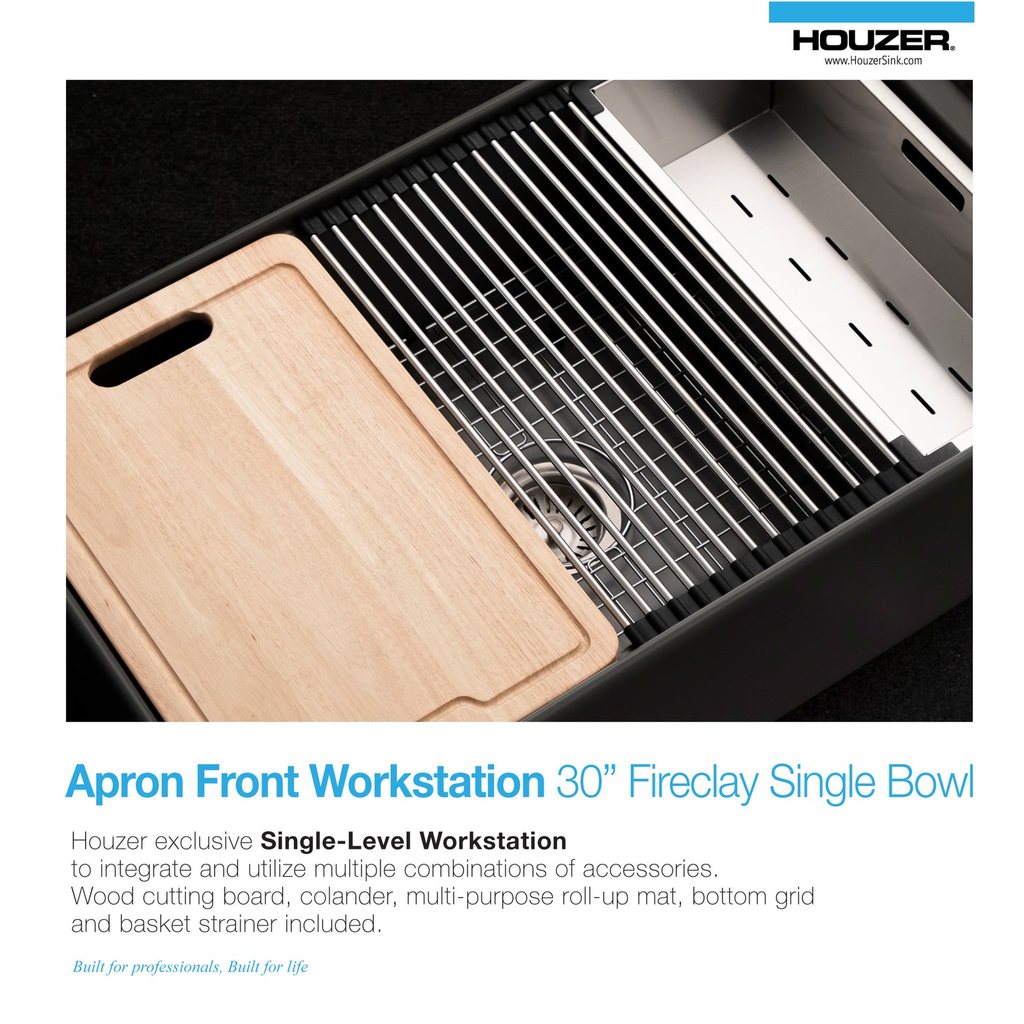 Houzer Aspire 30 inch Fireclay Farmhouse Apron Front Single Bowl Workstation Sink with Accessories - PTW-3020S WH