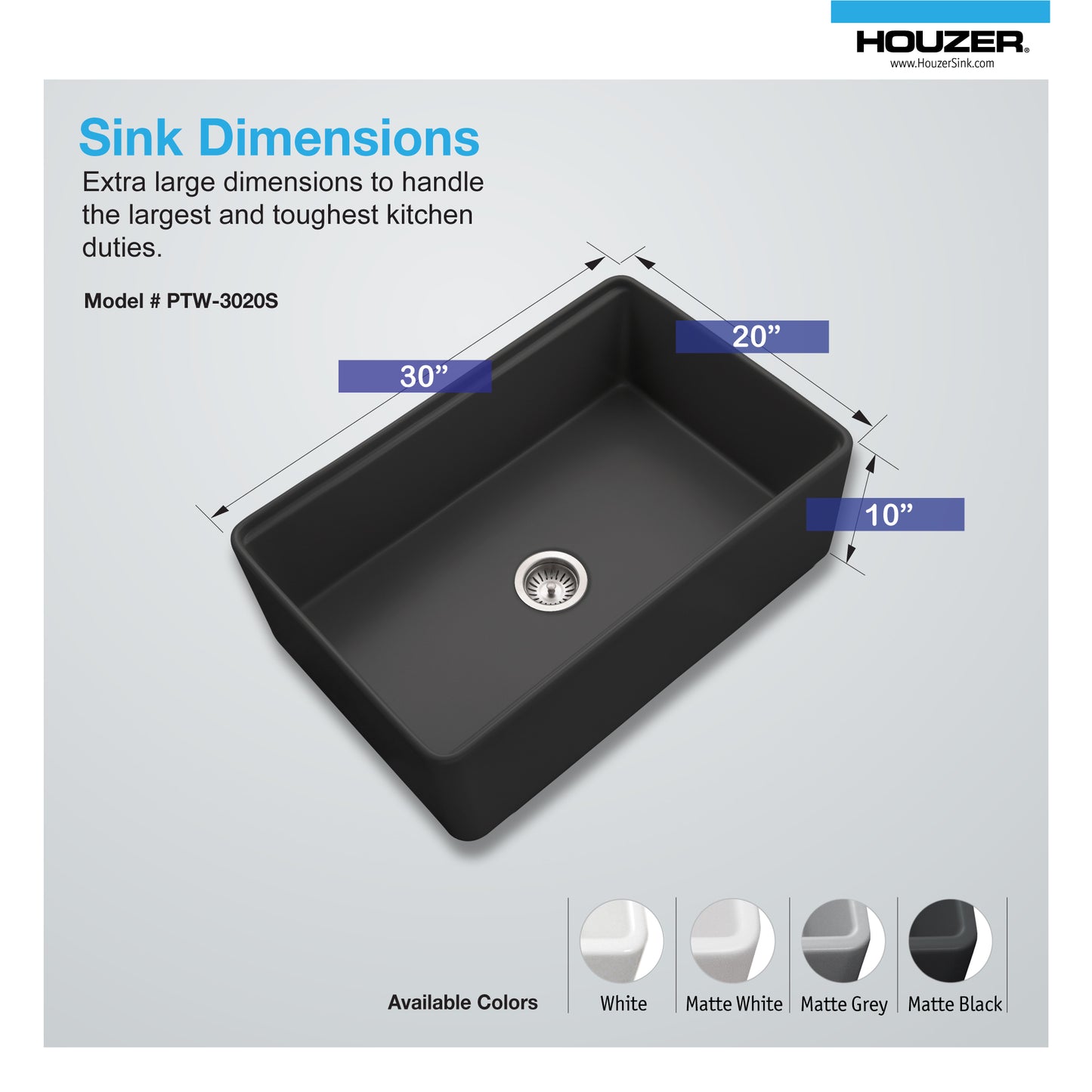 Houzer Aspire 30 inch Fireclay Farmhouse Apron Front Single Bowl Workstation Sink with Accessories - PTW-3020S WH