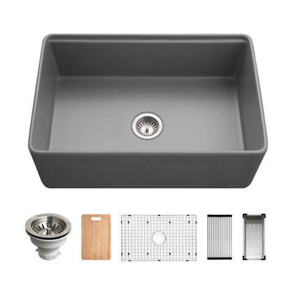 Houzer Aspire 30 inch Fireclay Farmhouse Apron Front Single Bowl Workstation Sink with Accessories - PTW-3020S WH