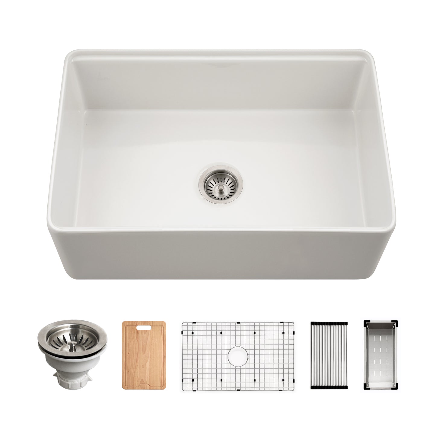 Houzer Aspire 30 inch Fireclay Farmhouse Apron Front Single Bowl Workstation Sink with Accessories - PTW-3020S WH