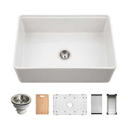 Houzer Aspire 30 inch Fireclay Farmhouse Apron Front Single Bowl Workstation Sink with Accessories - PTW-3020S WH