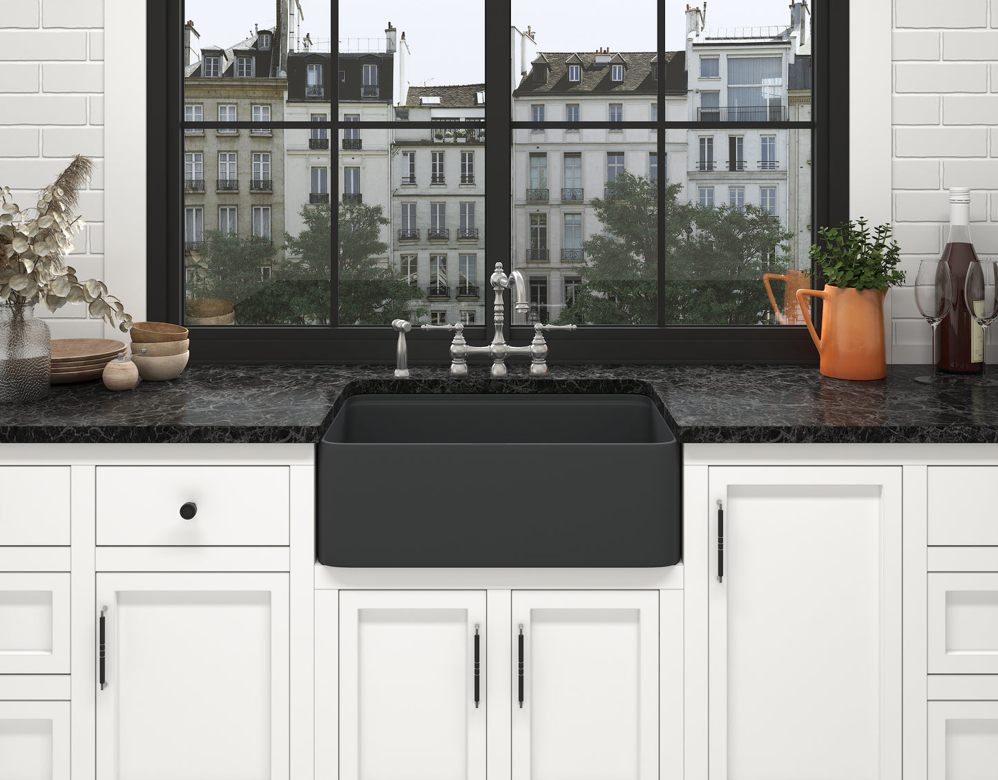 Houzer Aspire 30 inch Fireclay Farmhouse Apron Front Single Bowl Workstation Sink with Accessories - PTW-3020S WH