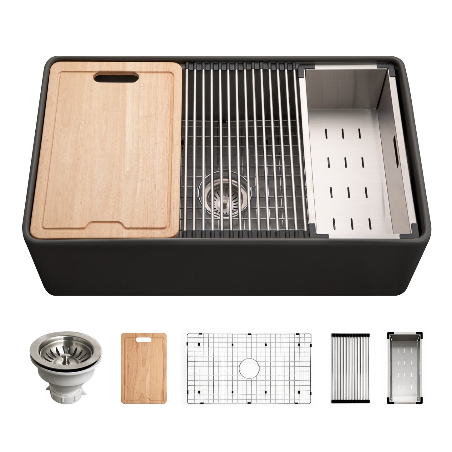 Houzer Aspire 33 inch Fireclay Farmhouse Apron Front Single Bowl Workstation with Accessories - PTW-3320S WH