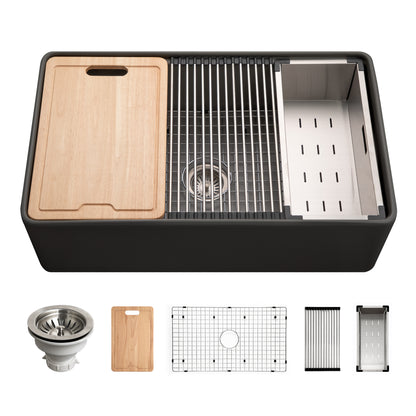 Houzer Aspire 33 inch Fireclay Farmhouse Apron Front Single Bowl Workstation with Accessories - PTW-3320S WH