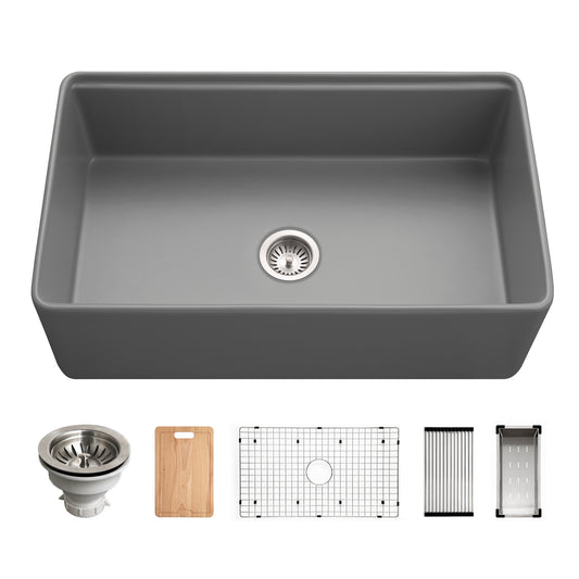 Houzer Aspire 33 inch Fireclay Farmhouse Apron Front Single Bowl Workstation with Accessories - PTW-3320S WH