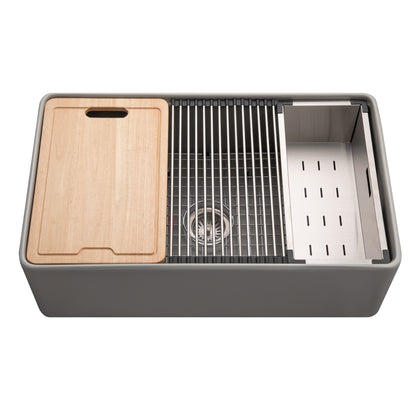 Houzer Aspire 33 inch Fireclay Farmhouse Apron Front Single Bowl Workstation with Accessories - PTW-3320S WH