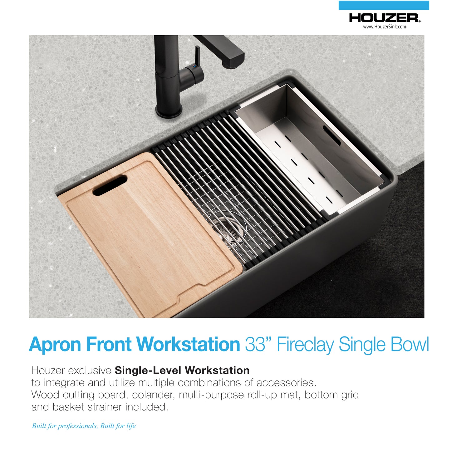 Houzer Aspire 33 inch Fireclay Farmhouse Apron Front Single Bowl Workstation with Accessories - PTW-3320S WH