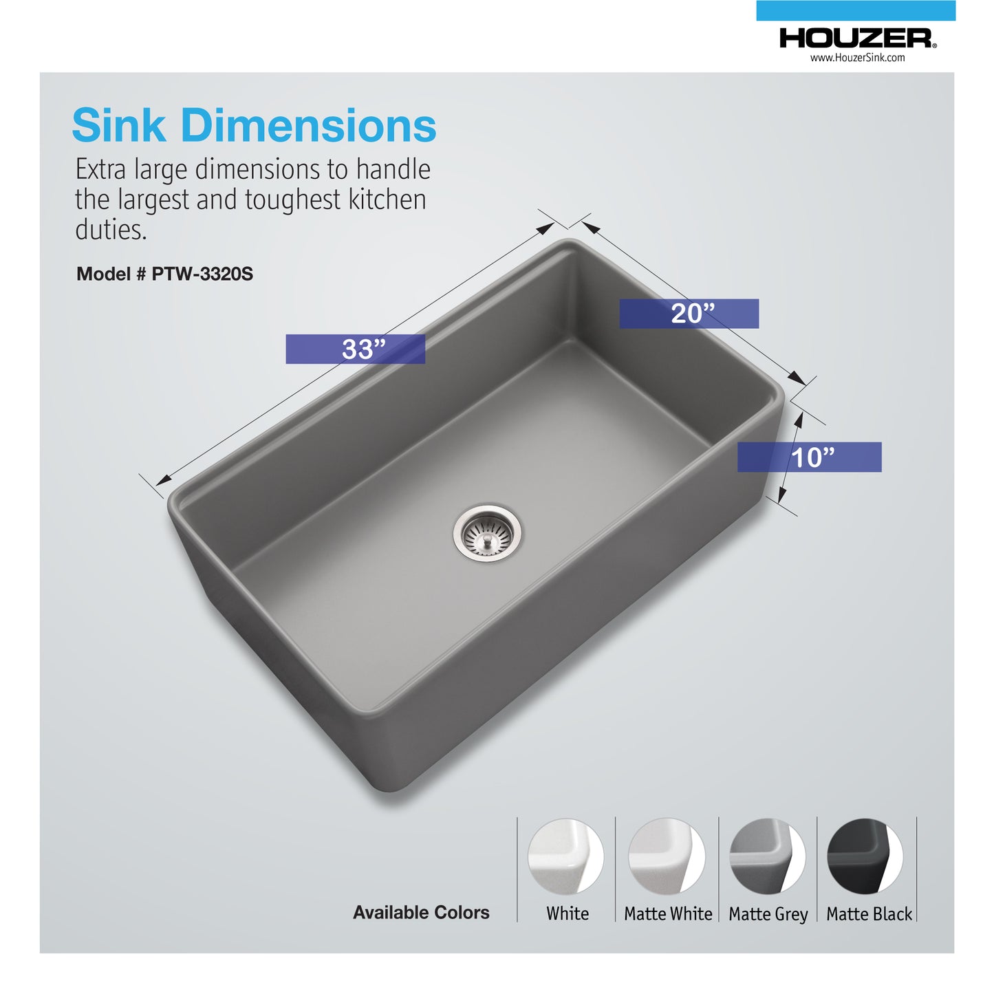 Houzer Aspire 33 inch Fireclay Farmhouse Apron Front Single Bowl Workstation with Accessories - PTW-3320S WH