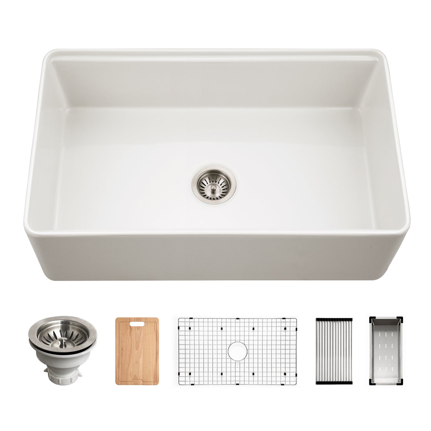 Houzer Aspire 33 inch Fireclay Farmhouse Apron Front Single Bowl Workstation with Accessories - PTW-3320S WH