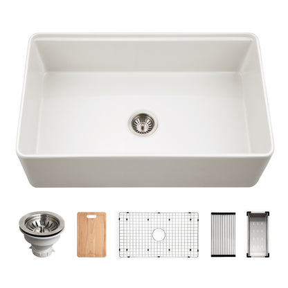 Houzer Aspire 33 inch Fireclay Farmhouse Apron Front Single Bowl Workstation with Accessories - PTW-3320S WH