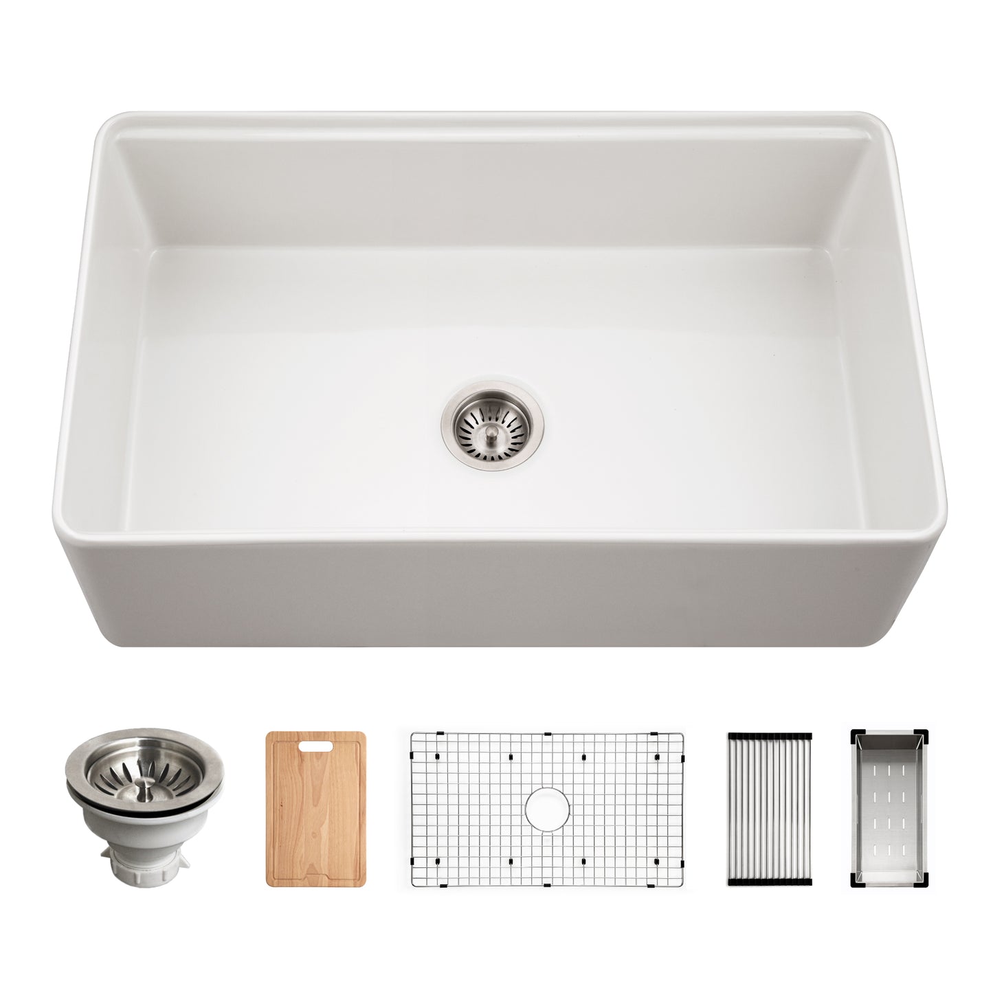 Houzer Aspire 33 inch Fireclay Farmhouse Apron Front Single Bowl Workstation with Accessories - PTW-3320S WH
