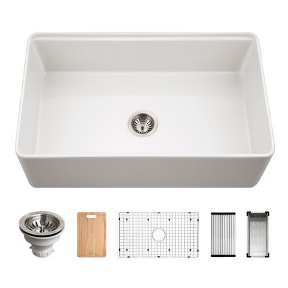 Houzer Aspire 33 inch Fireclay Farmhouse Apron Front Single Bowl Workstation with Accessories - PTW-3320S WH