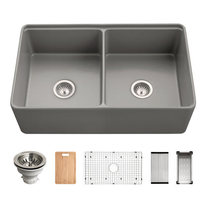 Houzer Aspire 33 inch Fireclay Farmhouse Apron Front Kitchen Sink 50/50 Double Bowl Workstation Sink with Accessories - PTW-3320SD