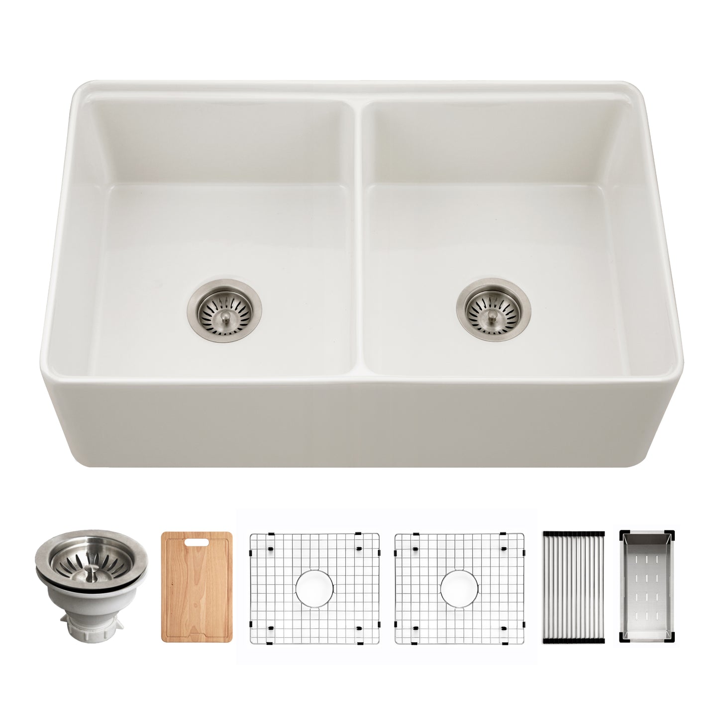 Houzer Aspire 33 inch Fireclay Farmhouse Apron Front Kitchen Sink 50/50 Double Bowl Workstation Sink with Accessories - PTW-3320SD