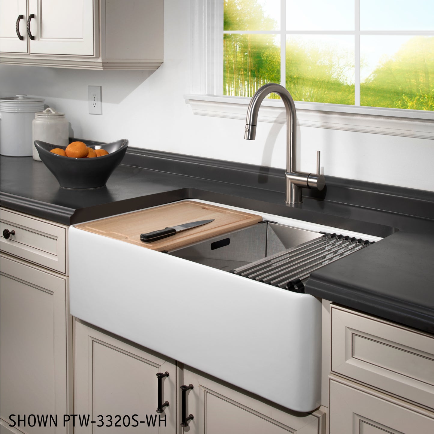 Houzer Aspire 33 inch Fireclay Farmhouse Apron Front Kitchen Sink 50/50 Double Bowl Workstation Sink with Accessories - PTW-3320SD