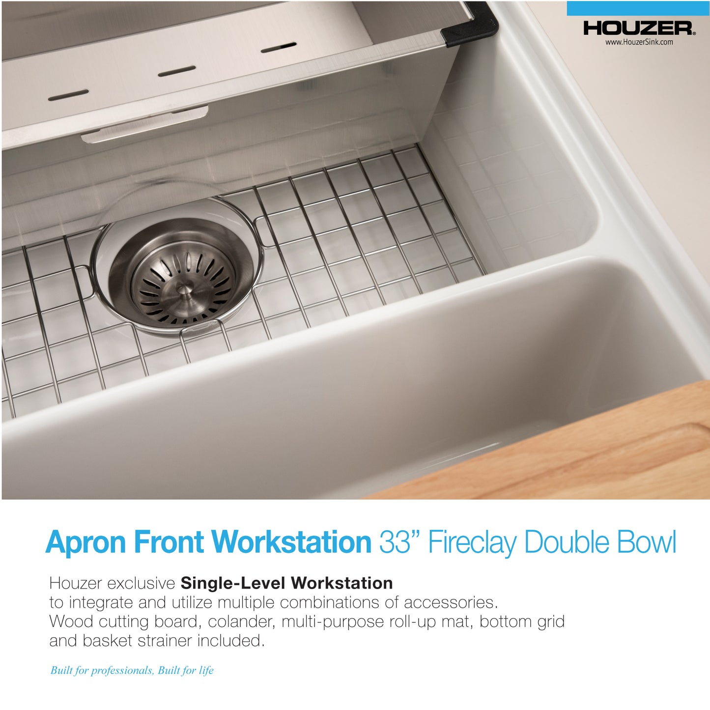 Houzer Aspire 33 inch Fireclay Farmhouse Apron Front Kitchen Sink 50/50 Double Bowl Workstation Sink with Accessories - PTW-3320SD