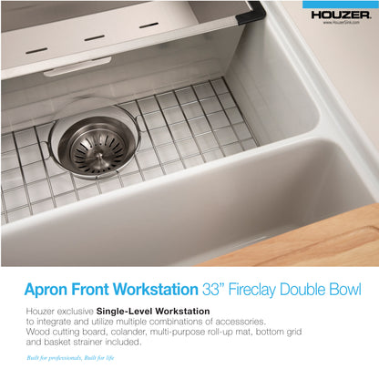 Houzer Aspire 33 inch Fireclay Farmhouse Apron Front Kitchen Sink 50/50 Double Bowl Workstation Sink with Accessories - PTW-3320SD